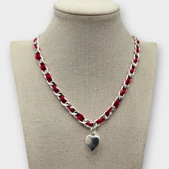 Charter Club Red Ribbon Chain Heart Pendant Necklace NWT Silver Tone - Picture 3 of 8